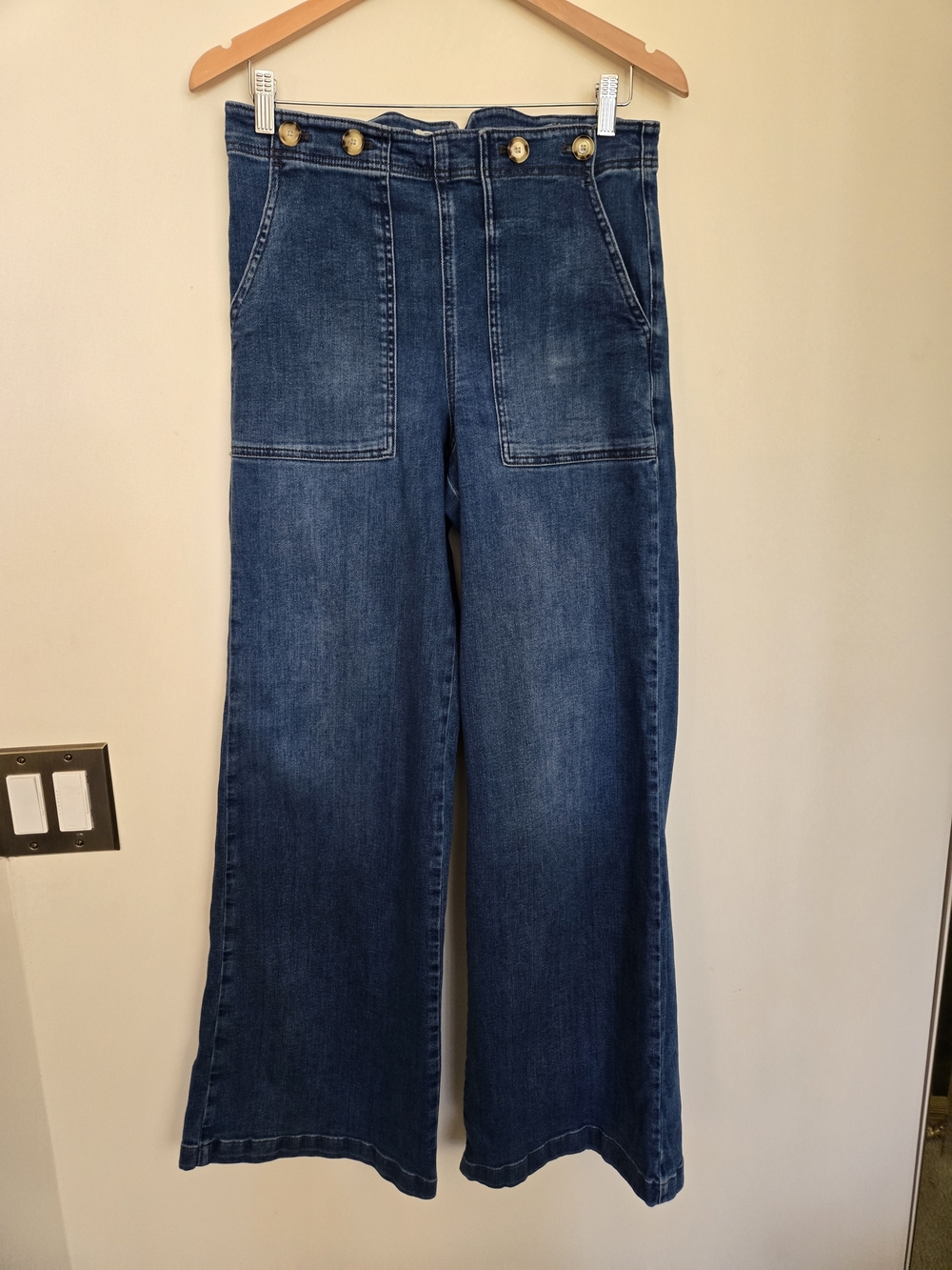 Pilcro Wide-Leg High Waist Denim Jeans in Dark Blue with Gold Buttons